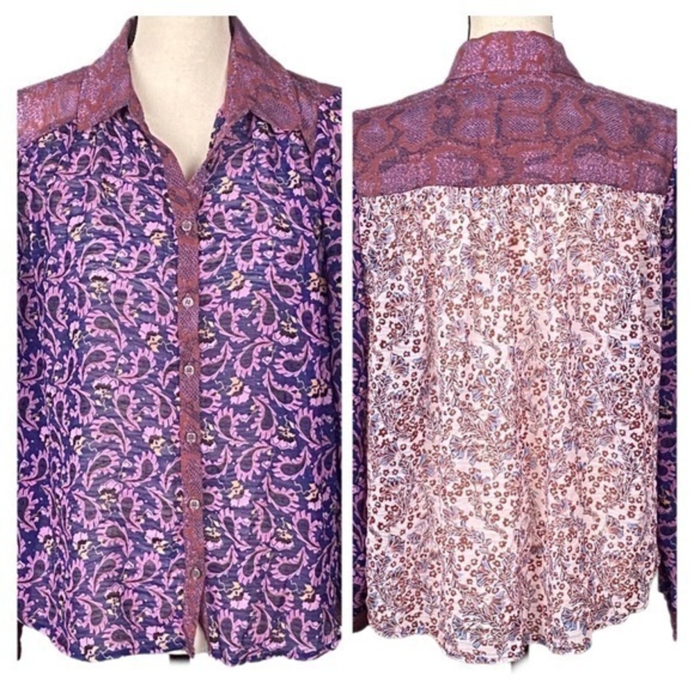 CHELSEA & THEODORE sheer, long sleeve button down with 3 patterns. Medium. EUC
